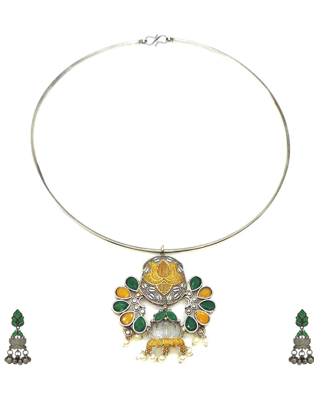 Gold and Green Floral Pendant Choker Necklace with Matching Earrings
